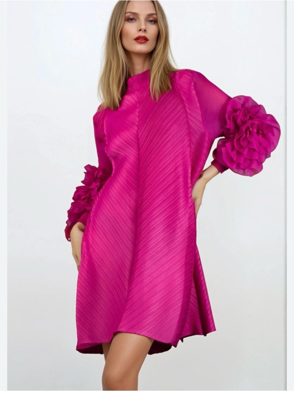 Kate Hewko Magenta Petal Sleeve Mock Neck Pleated Long-Sleeve Dress
